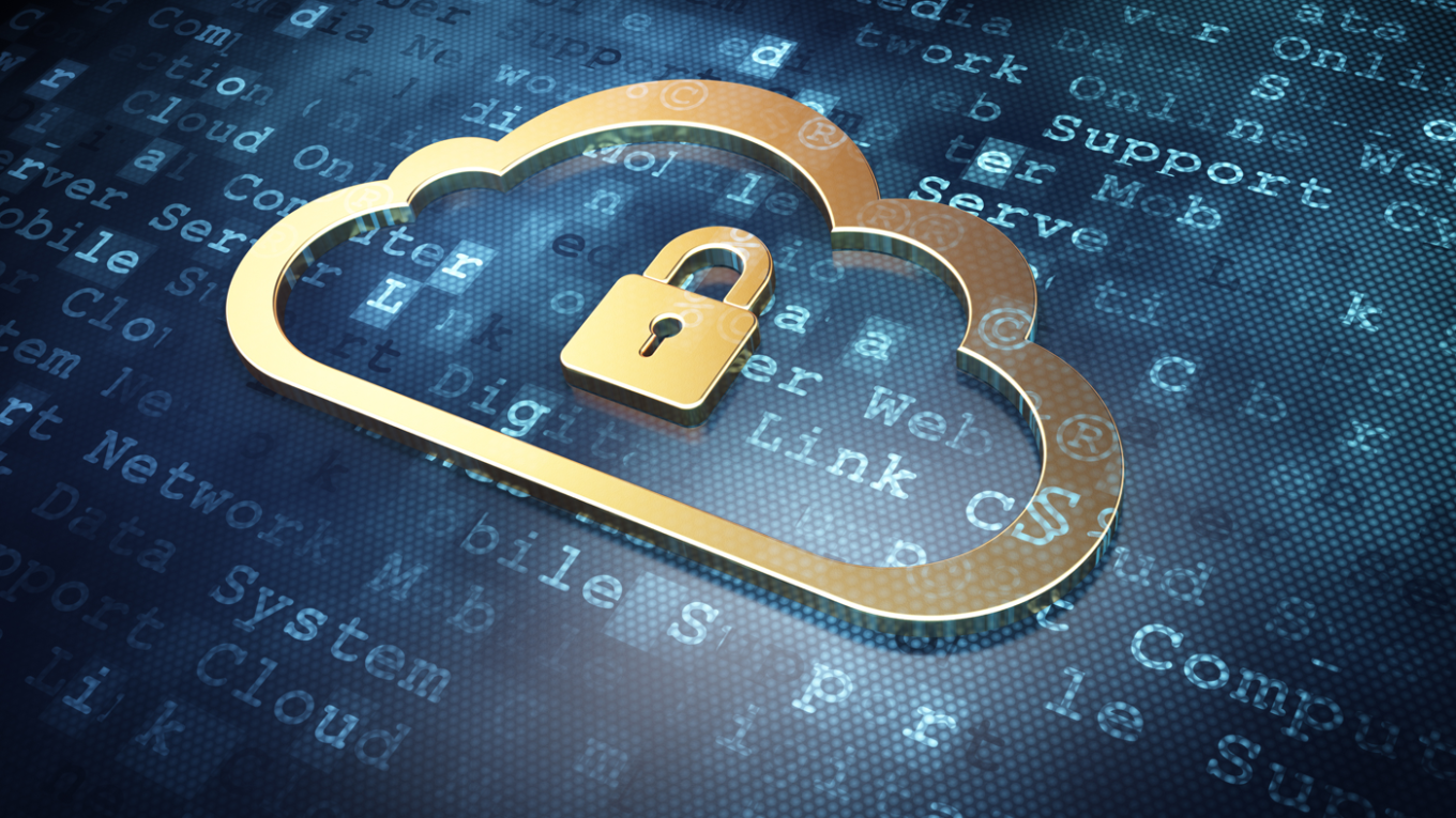 Golden cloud with padlock on digital background.