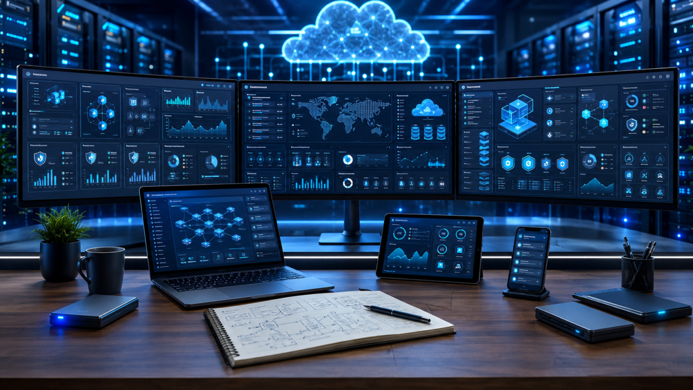 AWS vs Microsoft Azure vs Google Cloud comparison showing cloud infrastructure, cloud service dashboards, networking, AI services, storage, and security features.