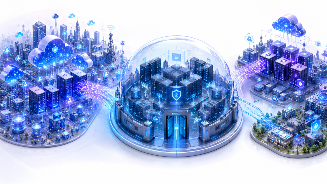 Public Cloud vs Private Cloud vs Hybrid Cloud comparison illustrating three cloud deployment models with shared infrastructure, dedicated private environment, and integrated hybrid architecture.