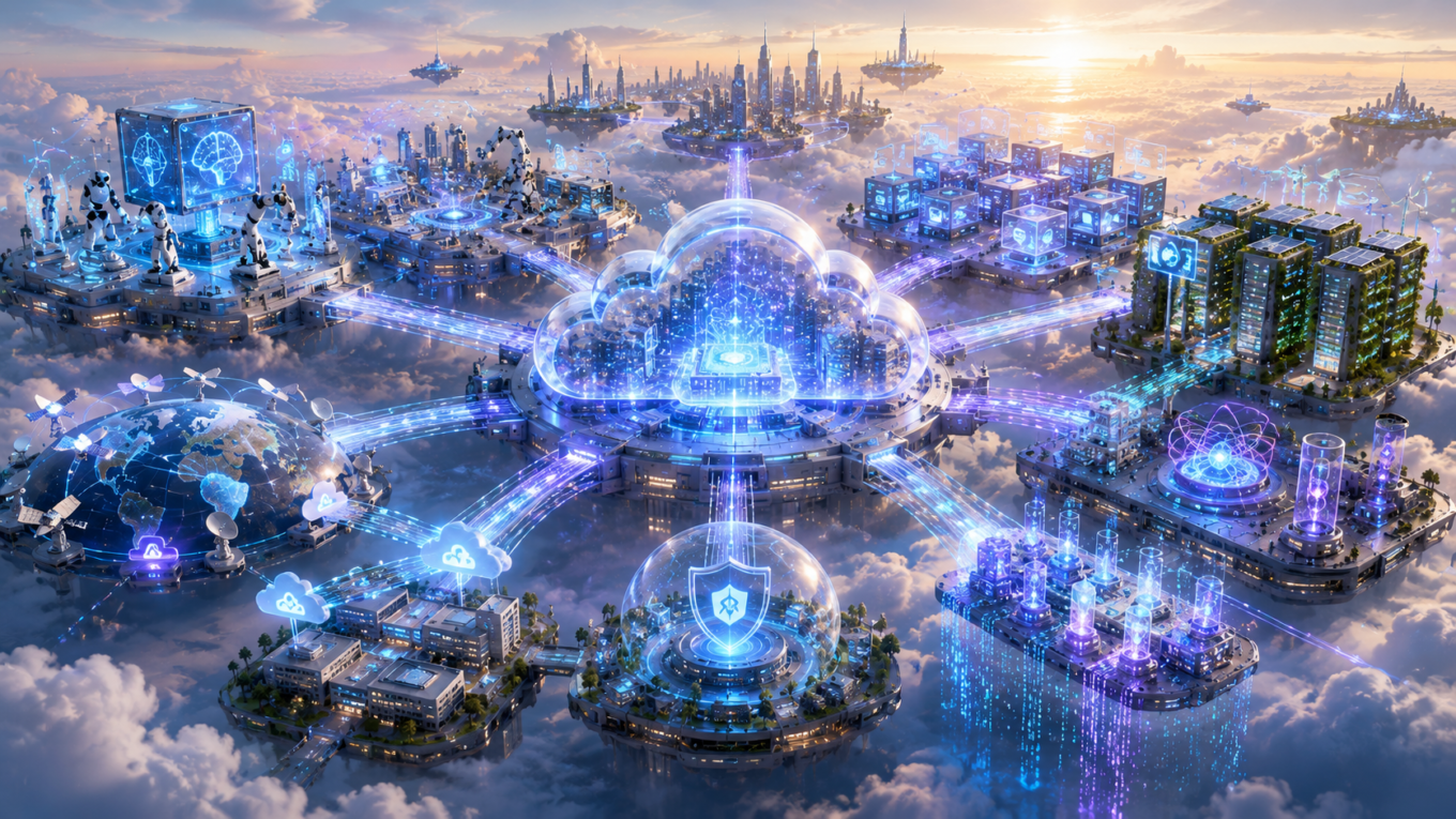 Top Cloud Computing Trends in 2026 illustrating AI-powered cloud computing, edge computing, hybrid cloud, serverless architecture, cloud security, quantum computing, and sustainable data centers.